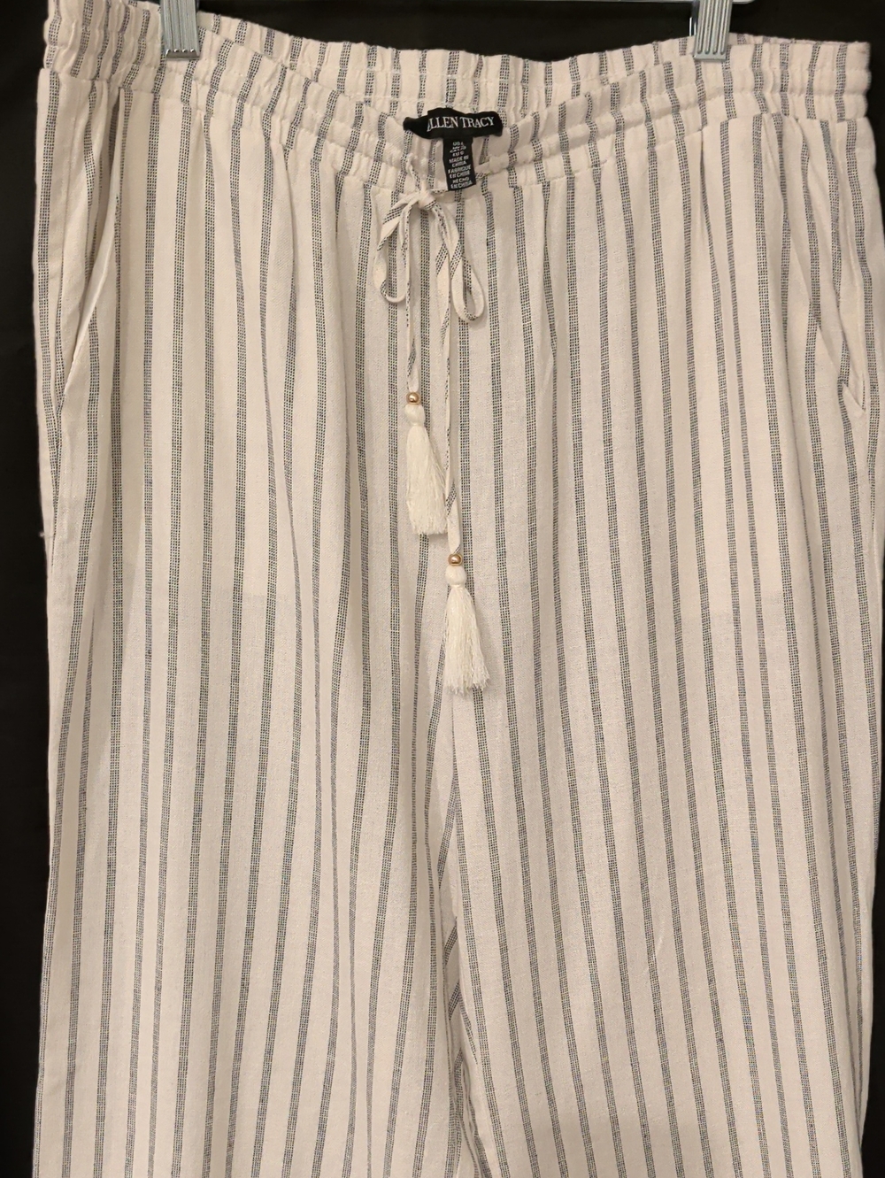 Ellen Tracy Cream & Gray Striped Linen Wide-Leg Pull-On Pants size L (10-12)